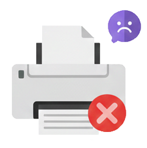 An icon depicting a printer error. A printer is shown with a paper jam or output failure, indicated by a red 'X' over the paper tray. A speech bubble with a sad face expresses the user's frustration with the non-functional office equipment.