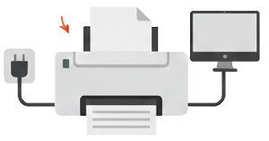 An illustration of a printer hardware issue. The graphic shows a printer connected to both a power outlet and a computer, with a red arrow pointing to the device, indicating a problem that requires diagnosis of its power supply or data connection.