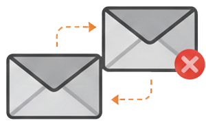 An icon depicting an email communication error. Two envelopes are shown with dashed arrows indicating a failed exchange; one envelope has a red 'X' on it, symbolizing bounced messages, undelivered emails, or server-side communication issues.