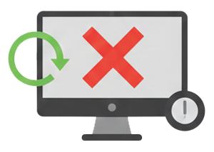 A graphic icon representing a system failure. A computer monitor displays a large red 'X', while a green refresh arrow and a clock symbolize the time-consuming process of troubleshooting, rebooting, and restoring a crashed system, leading to operational downtime.