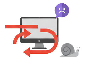 A graphic representing poor computer performance. A computer monitor is shown with a sad face emoji, while large red arrows circle sluggishly and a snail sits beside it, visually representing a slow, unresponsive system experiencing significant lag.