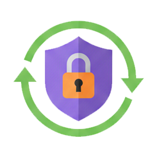 A graphic symbolizing ongoing digital defense. A purple shield with a padlock at its center is encircled by green arrows, representing continuous monitoring, proactive threat prevention, and robust cybersecurity measures for business data.