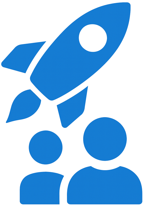 A blue icon symbolizing business advancement. Two person-icons are shown at the base of a launching rocket, representing how effective technology solutions can empower a team and propel a business toward its goals.
