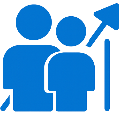 An icon illustrating professional growth and guidance. It features two person-icons, one appearing to mentor the other, alongside a rising arrow chart, symbolizing strategic IT consulting that leads to improved performance and business development.