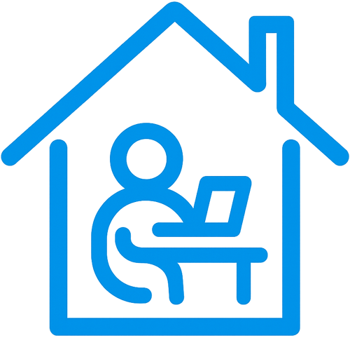 A glowing blue neon icon depicting a remote work setup. The graphic shows the outline of a house containing a person working on a laptop, representing technology solutions and support tailored for home offices and remote employees.