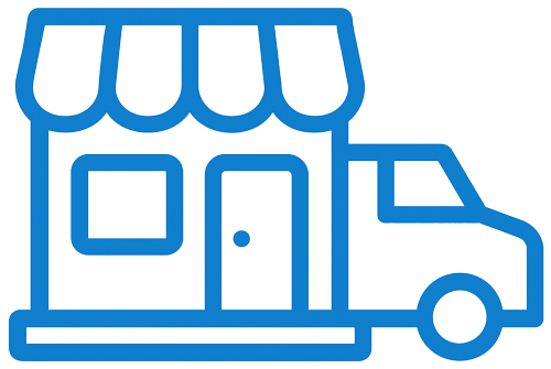 A blue line-art icon representing a local business. The graphic shows a storefront with an awning next to a delivery truck, symbolizing IT and technology solutions tailored for retail shops and local delivery services.