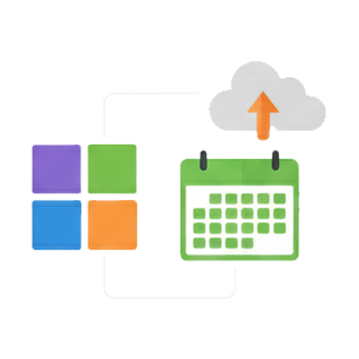 A graphic representing calendar management services. A calendar icon is shown with arrows indicating data transfer, symbolizing the migration, setup, and synchronization of calendars and scheduling tools as part of Microsoft 365 administration.