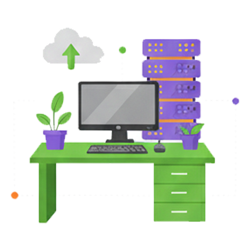 An illustration of a newly established office workspace. A desk with a computer monitor, keyboard, and mouse is shown in front of server racks, symbolizing the complete setup and configuration of technology for a new business location.