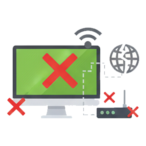 An icon depicting a complete network outage. A computer monitor with a large red 'X' is shown alongside a disconnected Wi-Fi router and a broken globe symbol, visualizing a total loss of internet and local network connection.