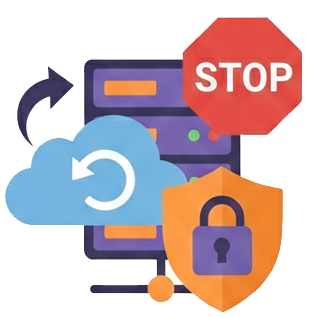 A graphic icon symbolizing comprehensive IT security services. The image includes a shield with a padlock for protection, a cloud with a refresh arrow for data backup, a server rack, and a red stop sign, representing threat prevention and system security.