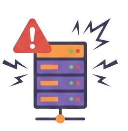 A graphic icon illustrating a critical server emergency. The image shows a server rack surrounded by jagged lightning bolts and topped with a red warning triangle containing an exclamation mark, symbolizing system crashes, hardware failure, or urgent downtime requiring immediate IT intervention.